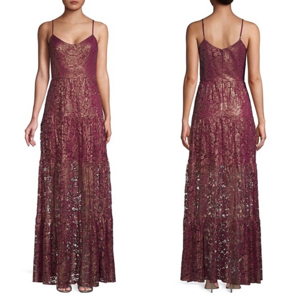 Dress the Population Antoinette Burgundy and Gold Foil Lace Gown NWOT